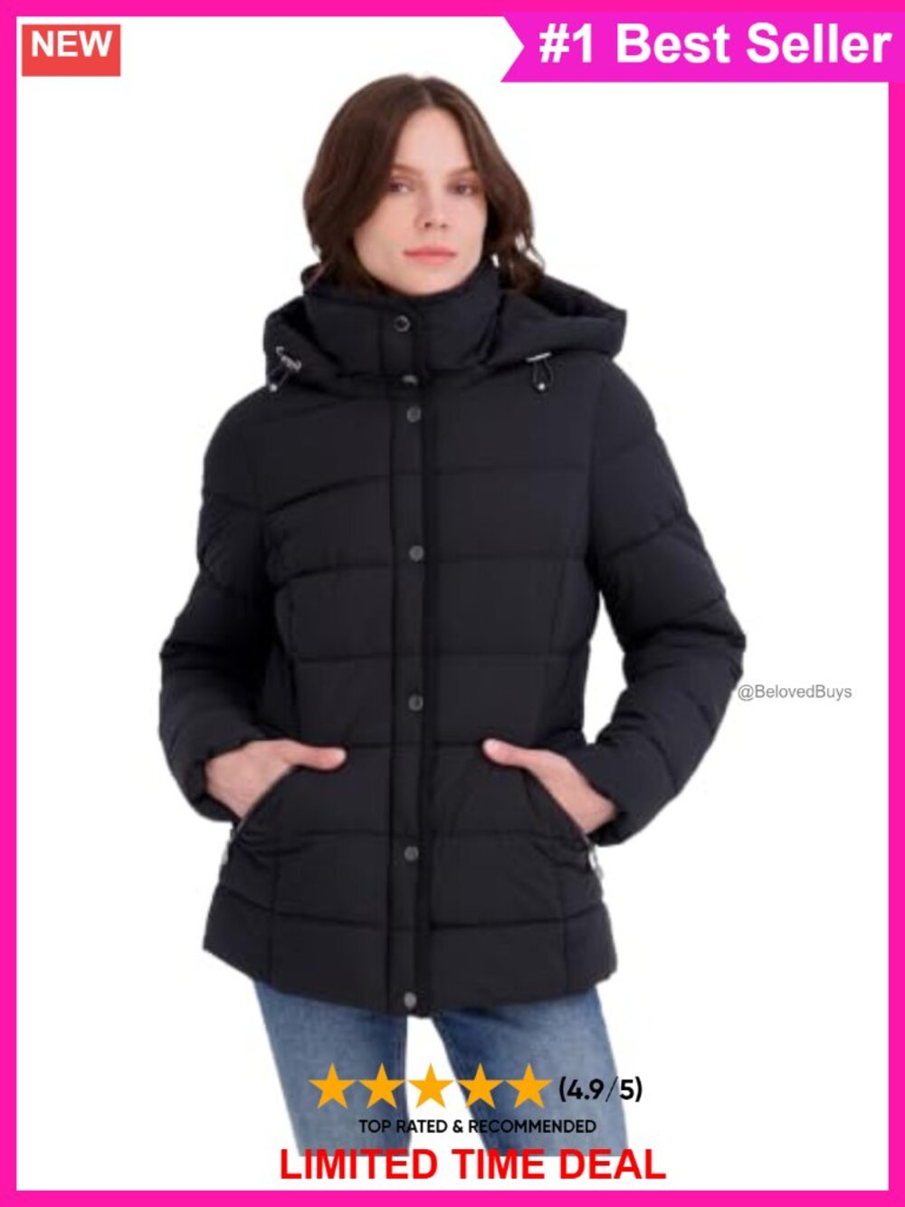 Tahari Stretch Puffer Jacket Quilted Water Resistant Hooded Coat